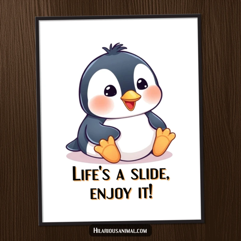 Funny Free Printable Wall Art: A comical penguin cub sliding on its belly with a wide smile, bringing playful energy to your decor.