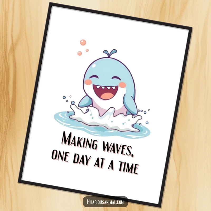 Funny Free Printable Wall Art of a smiling whale breaching the water, laughing joyfully, perfect for beach or nautical themes.