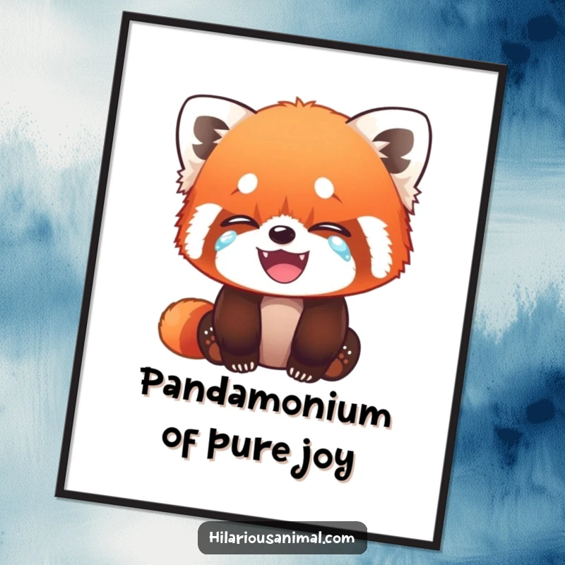 Funny Free Printable Wall Art: Red panda cub wiping tears of laughter, showcasing pure joy, cute animal decor.