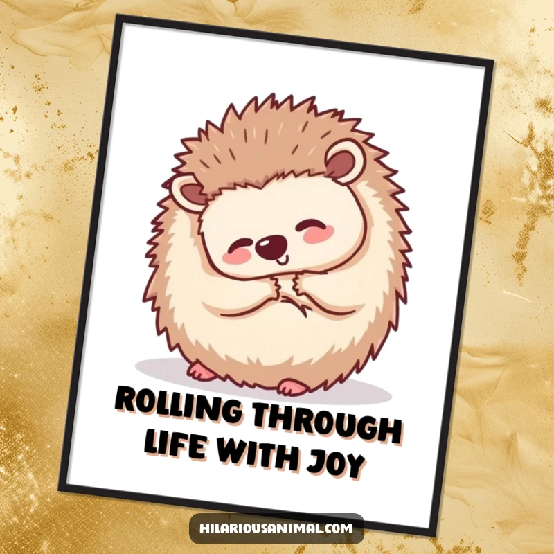 Funny Free Printable Hedgehog Wall Art: A small hedgehog curled up, shaking with silent laughter, creating a cozy atmosphere.