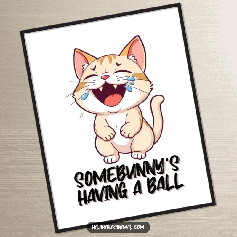 Funny Free Printable Wall Art: A small cat roaring with laughter, tears streaming, making hilarious decor.