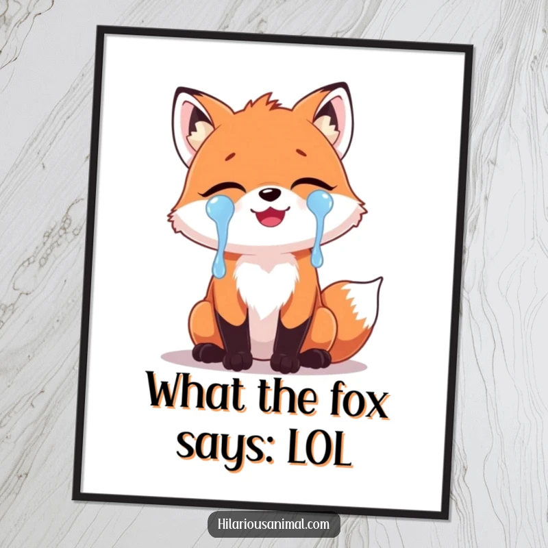 Funny Free Printable Wall Art: A cute fox with tears of laughter streaming, perfect downloadable decor.