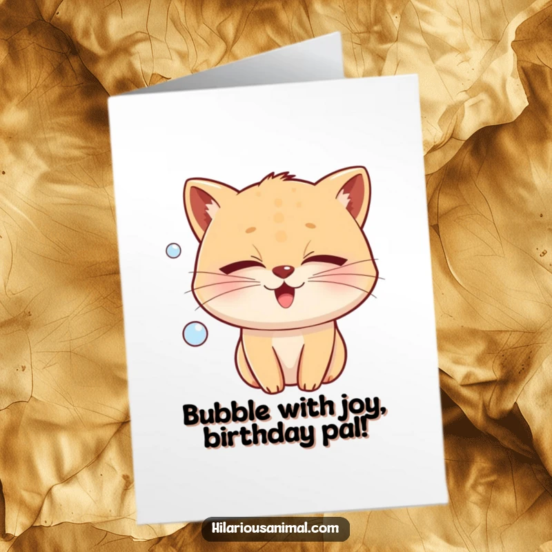 Free Printable Birthday Card featuring a cute whiskered animal with eyes closed tight, happily releasing a big bubble of pure joy.