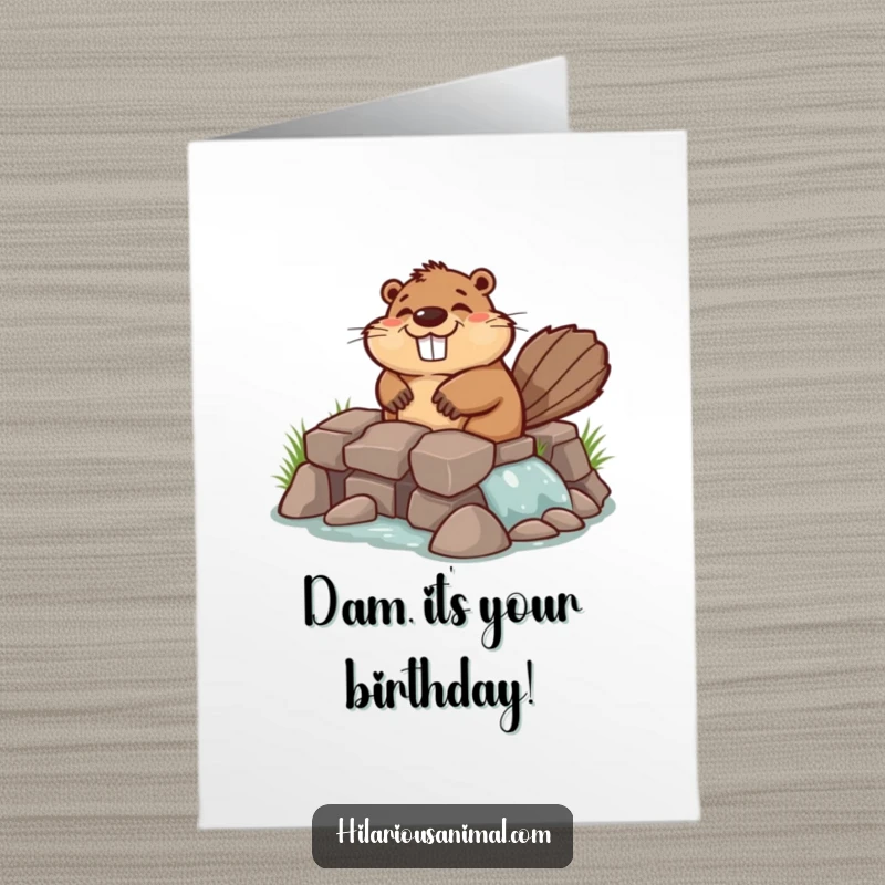 Funny Free Printable Birthday Card featuring a chuckling beaver industriously building a hilariously lopsided dam with glee.