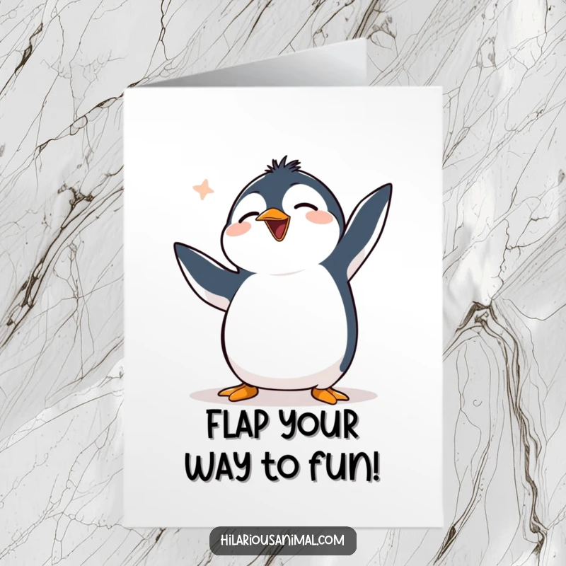 Funny Free Printable Birthday Card featuring a clumsy penguin flapping its flippers with uncontrollable laughter, spreading joy.