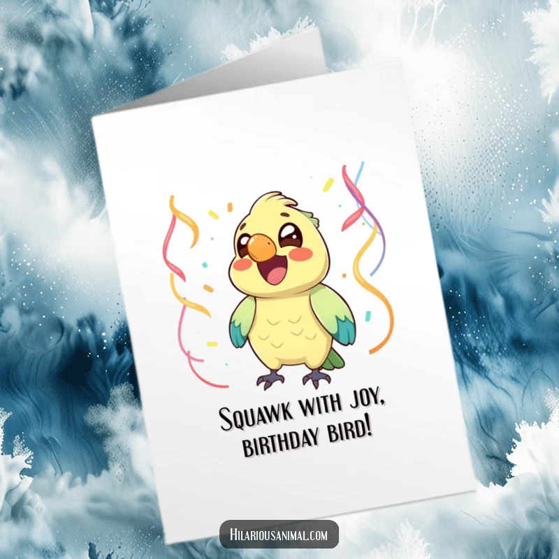 Free Printable Birthday Card featuring a joyful parrot with bright eyes, chuckling happily while surrounded by festive, colorful streamers.