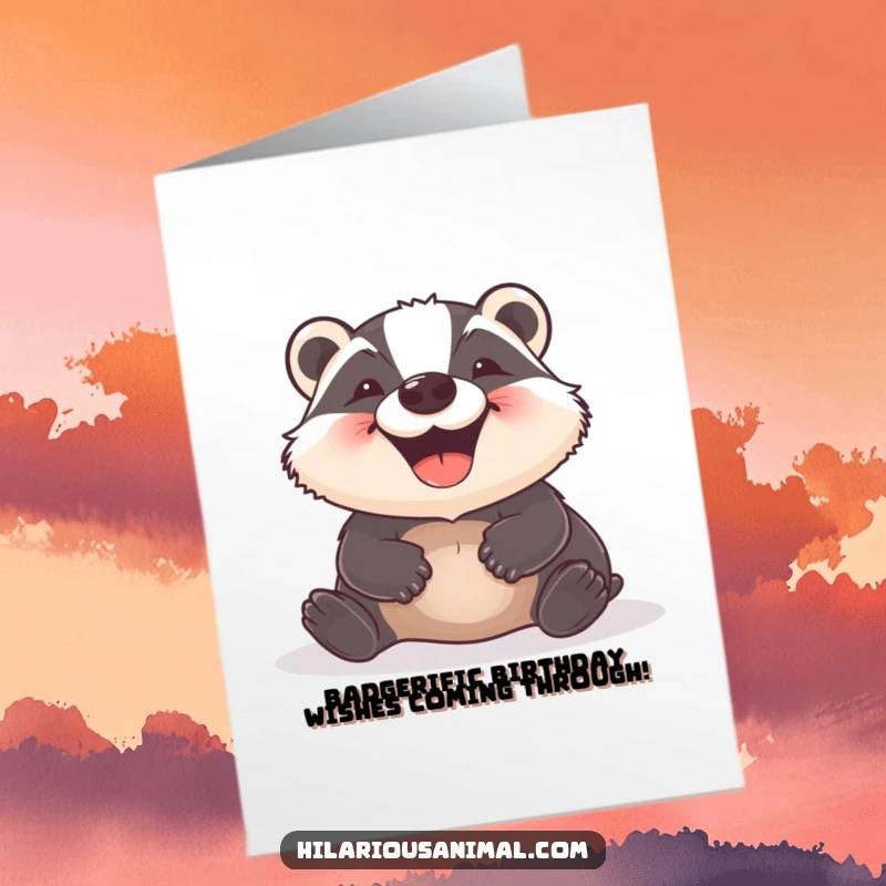 Funny Free Printable Birthday Card featuring a delighted badger rolling on the ground with a huge, happy grin.