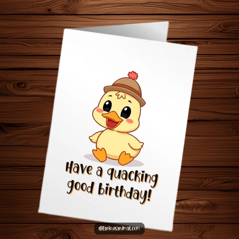 Funny Free Printable birthday card with a grinning duck sporting a silly hat and quacking with all its might.