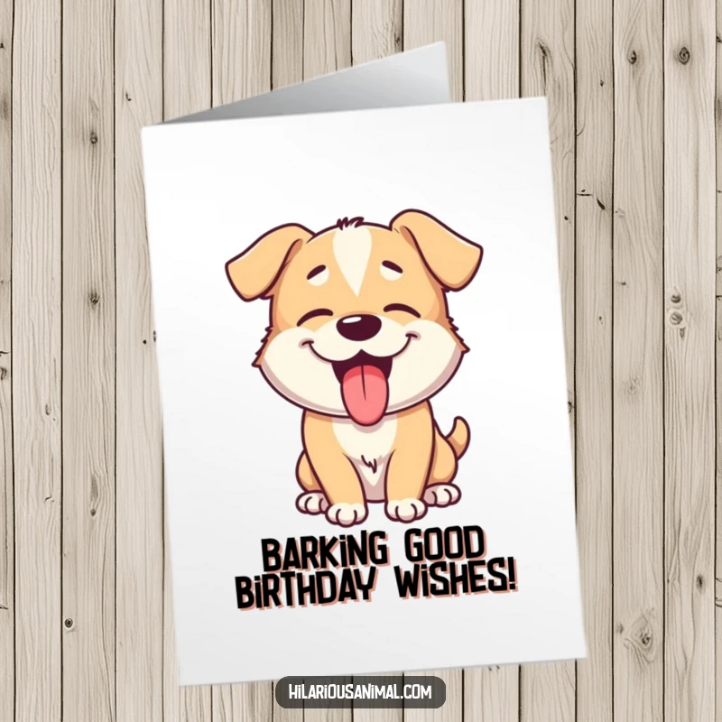 Funny Free Printable Birthday Card featuring a giggling dog with its tongue lolling out, playfully panting with pure joy.