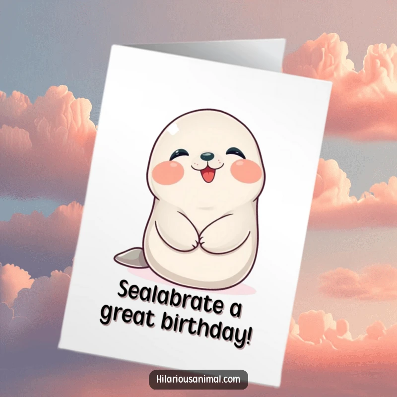 Funny Free Printable Birthday Card: Plump seal cub giggling heartily, holding its tummy, a super cute downloadable message.
