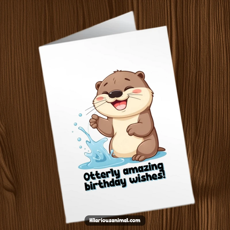 Funny Free Printable Birthday Card: Cheerful otter cub spraying water, wide grin, a playful and happy downloadable greeting.