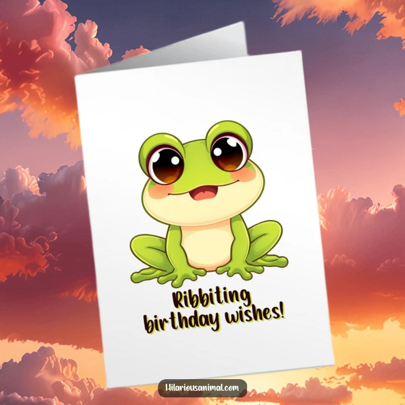Funny Free Printable birthday card of a very happy frog with enormous, beaming eyes, letting out a joyful croak.