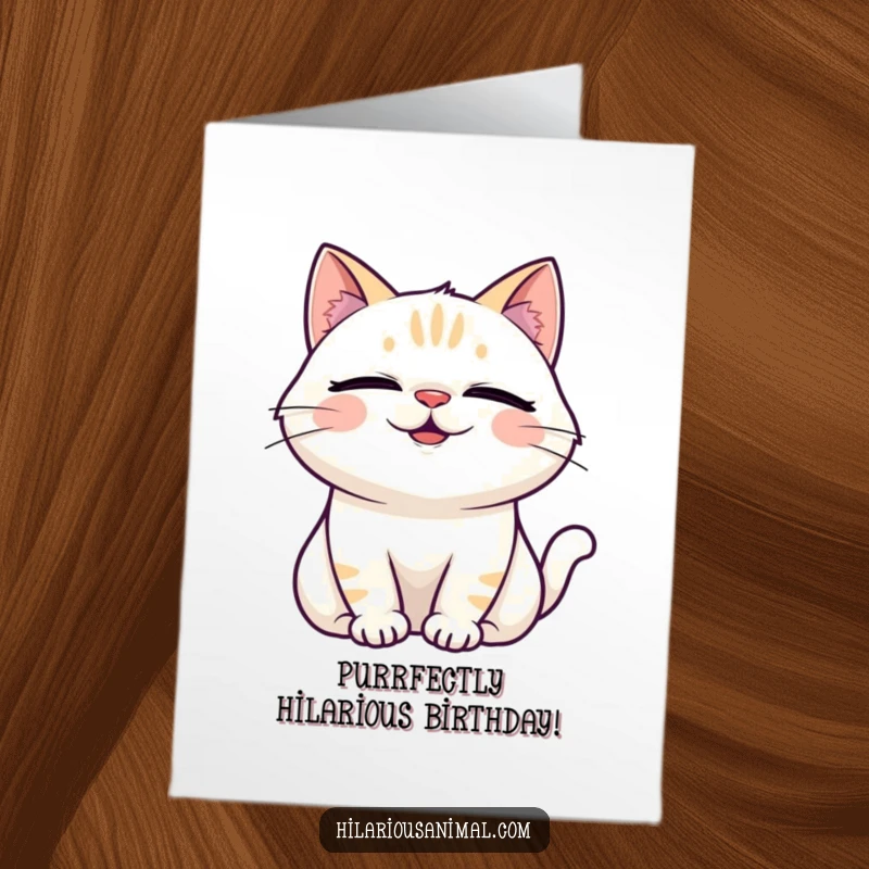 Funny Free Printable Birthday Card: A cat with eyes squeezed shut, head back, and jaw dropped in uncontrollable laughter.