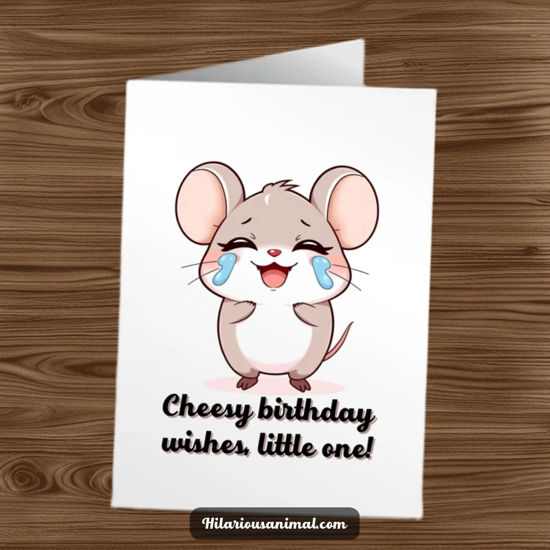 Funny Free Printable Birthday Card: A small mouse laughing so hard, tears stream, perfect for a hilarious DIY gift.