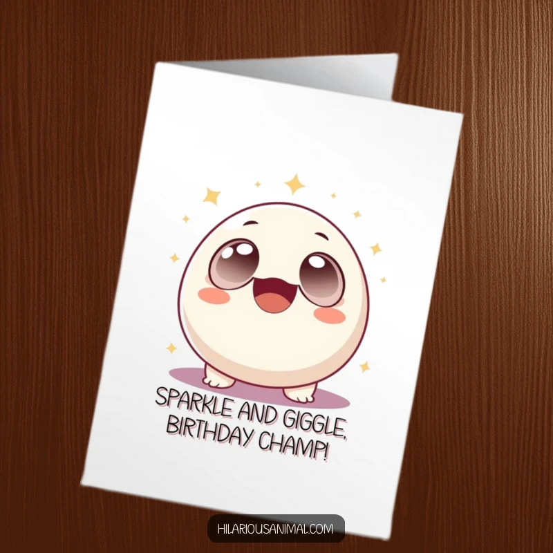 Free Printable Birthday Card: A cheerful, round creature with huge eyes is laughing hysterically amidst a shower of celebratory sparkles.