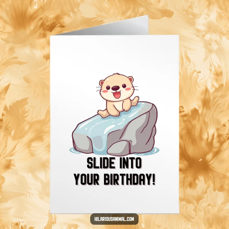 Funny Free Printable Birthday Card: Playful otter gleefully sliding down a slippery rock, celebrating a birthday.