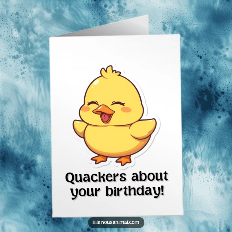 Funny Free Printable Birthday Card: A chubby yellow duck laughs heartily with eyes squeezed shut, conveying pure, uncontainable birthday delight.