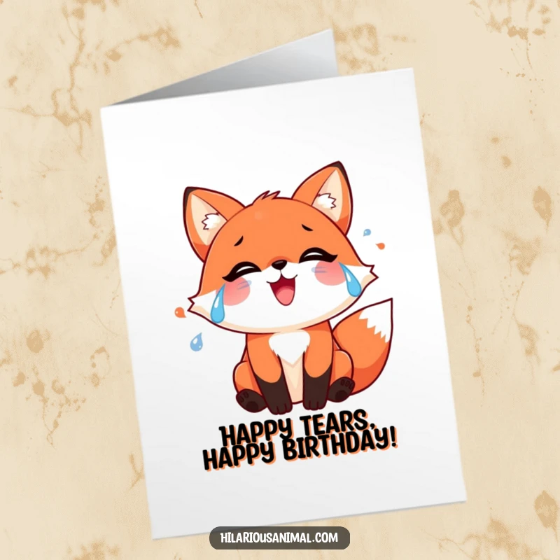 Funny Free Printable Birthday Card: Joyful red fox crying happy tears, a heartwarming downloadable greeting.