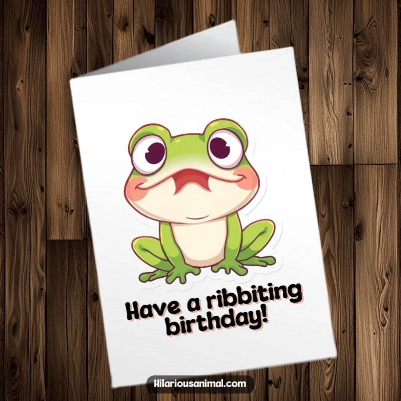 Funny Free Printable Birthday Card featuring an amused frog with wide eyes, caught mid-giggle, full of mirth.