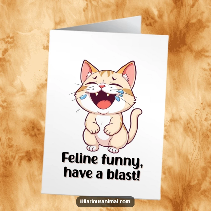 Funny Free Printable Birthday Card: A small cat roaring with laughter, tears streaming, ready to send birthday wishes.