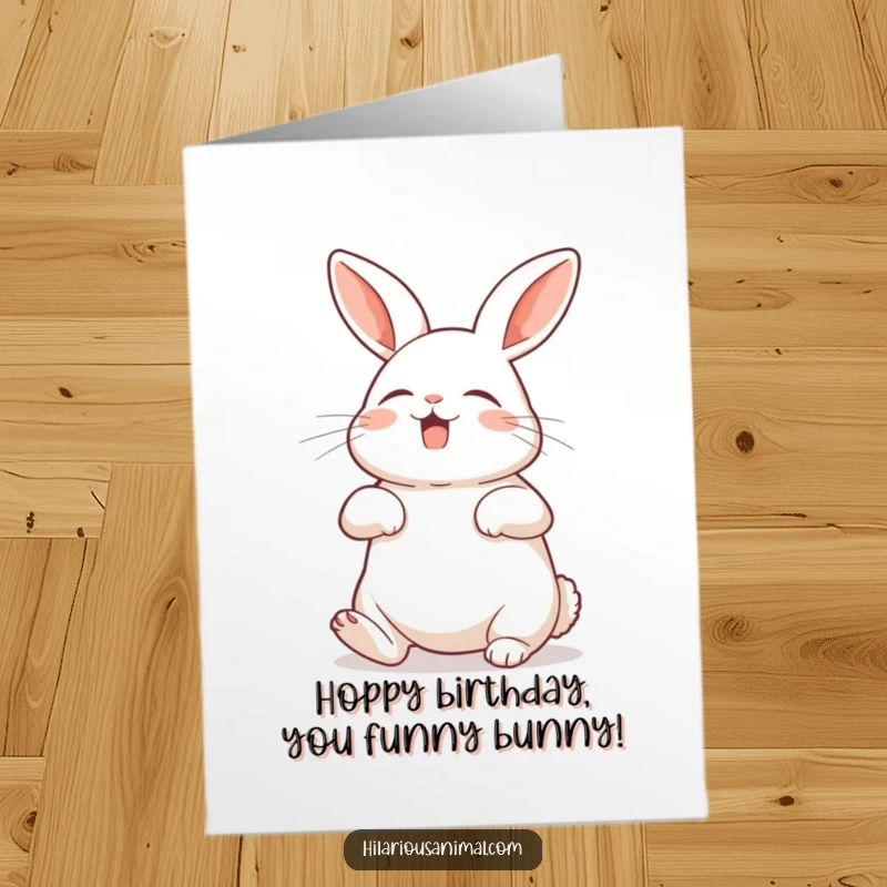 Funny Free Printable Birthday Card: A rabbit with belly exposed, shaking with silent laughter, for birthday wishes.