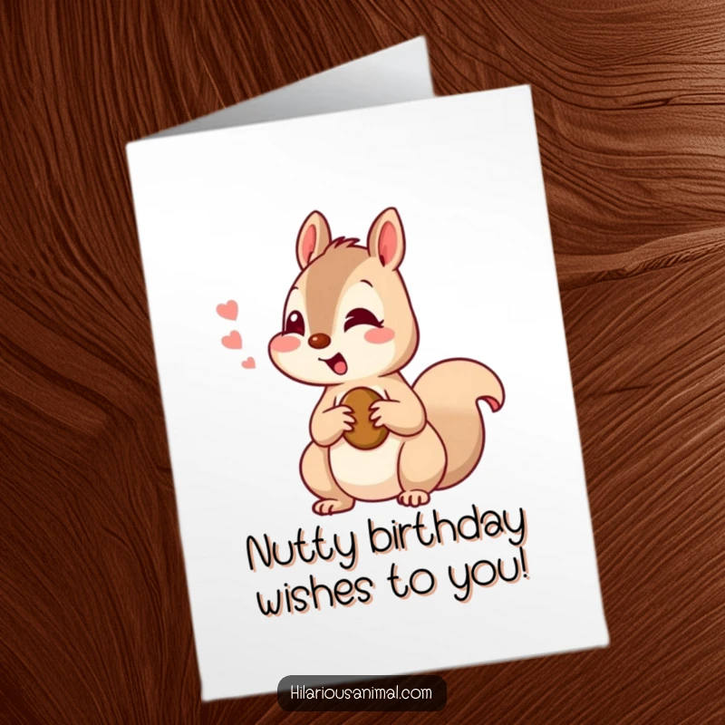 Funny Free Printable Birthday Card: A curious squirrel chattering with amusement, holding a nut, celebrating joyfully.