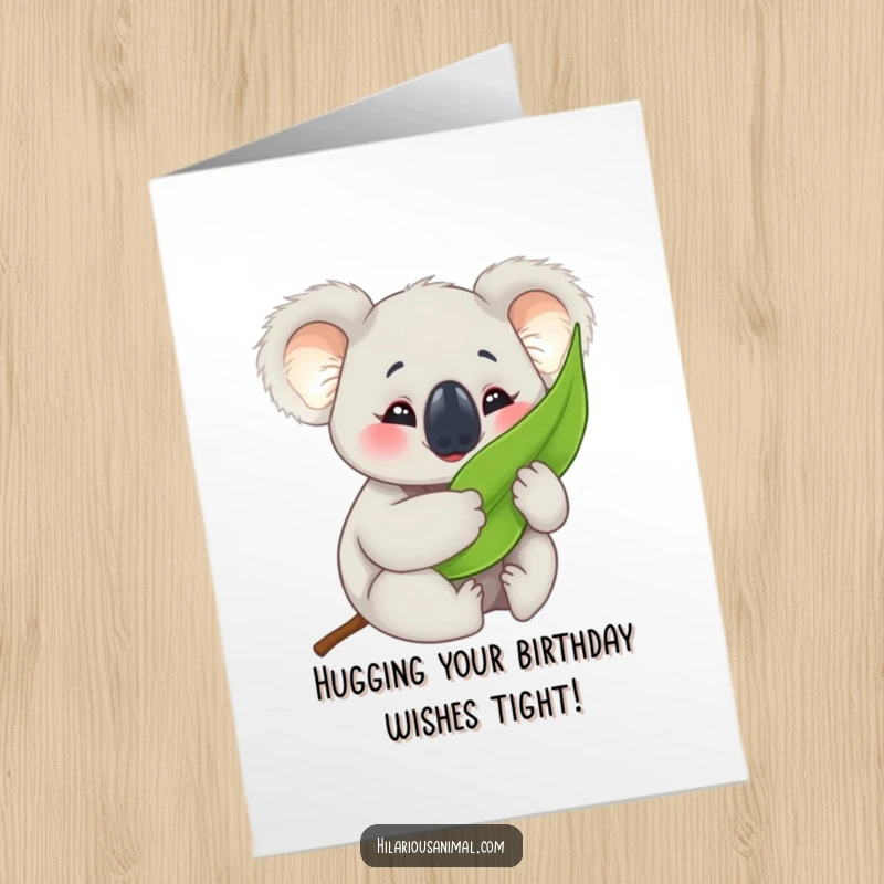 Funny Free Printable Birthday Card: A happy koala cub hugging a eucalyptus leaf tightly, eyes crinkled in pure birthday bliss.