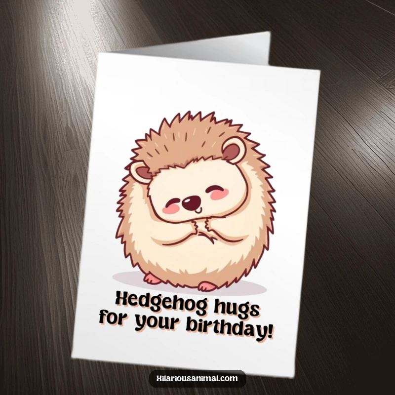 Funny Free Printable Hedgehog Birthday Card: A small hedgehog curled in a ball, shaking with silent laughter, ideal for birthdays.