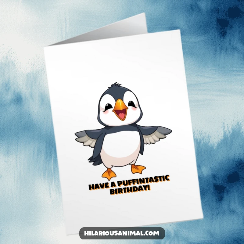 Funny Free Printable Puffin Birthday Card: A cheerful puffin flapping wings, laughing loudly, perfect for a fun birthday greeting.