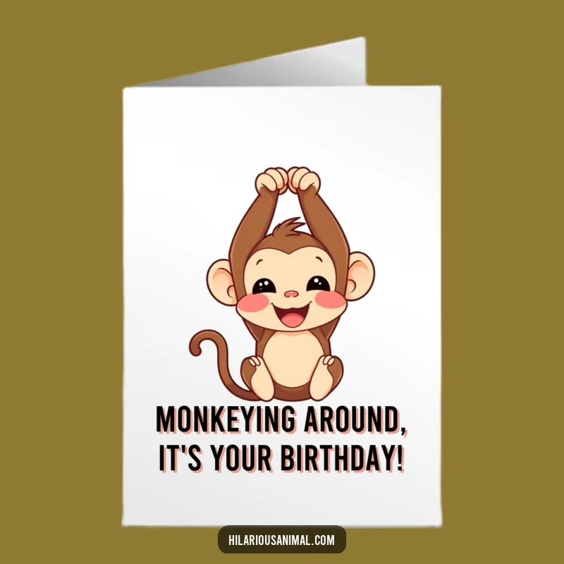 Free Printable Monkey Birthday Card: Funny Cub Hanging Upside Down Downloadable Greeting