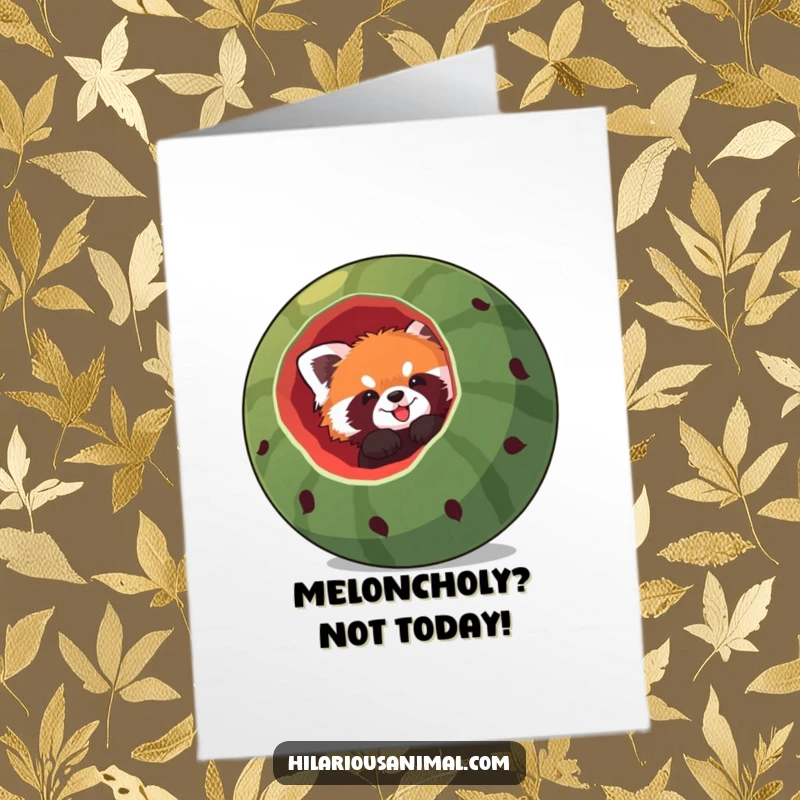 Funny Free Printable birthday card with a red panda comically stuck headfirst in a giant hollowed-out watermelon, looking hilariously bewildered.