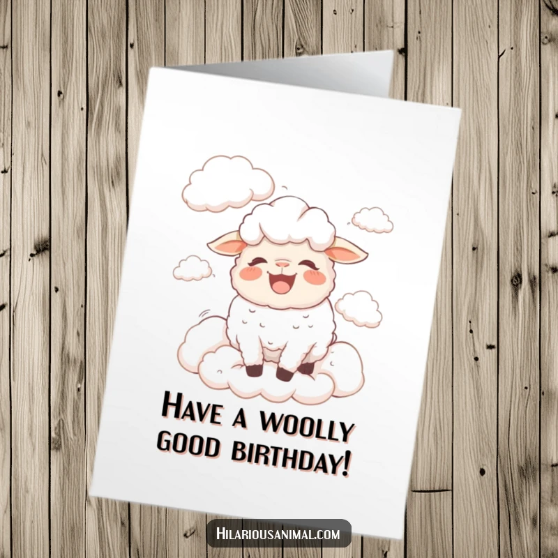 Funny Free Printable Birthday Card with a bewildered sheep bleating with laughter amidst soft, fluffy clouds.