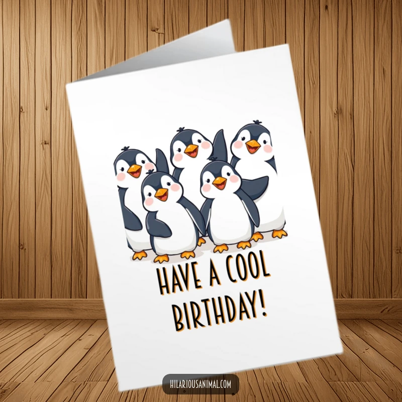Funny Free Printable Birthday Card: Happy penguins giggling with flippers up, a perfect downloadable gift.