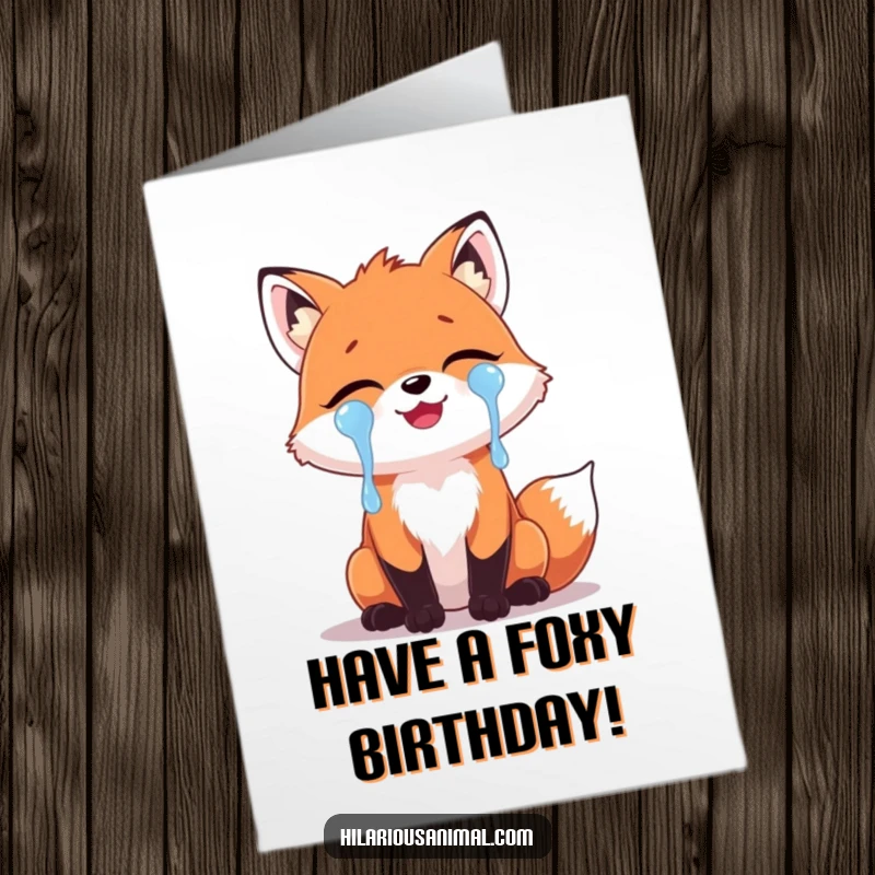 Funny Free Printable Birthday Card: A cute fox with tears of laughter streaming down its face, downloadable gift.
