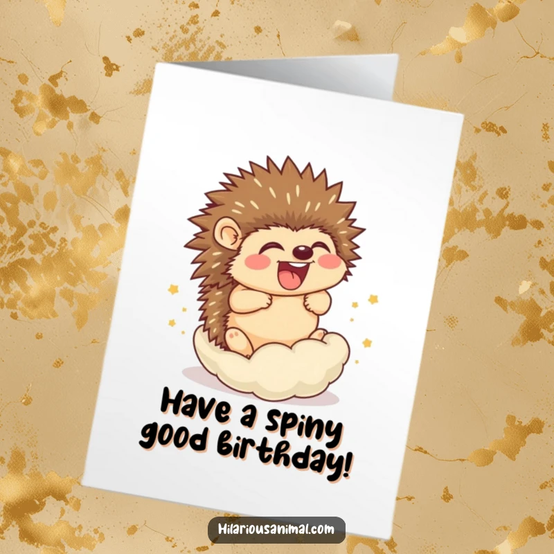 Funny Free Printable Birthday Card: Jovial hedgehog cub rolling into a ball, laughing uncontrollably, a cute downloadable greeting.