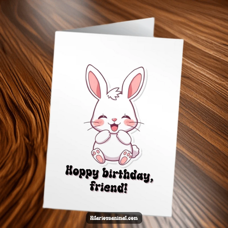 Funny Free Printable Birthday Card of a cheerful bunny muffling a hearty laugh behind its paws, full of mirth.