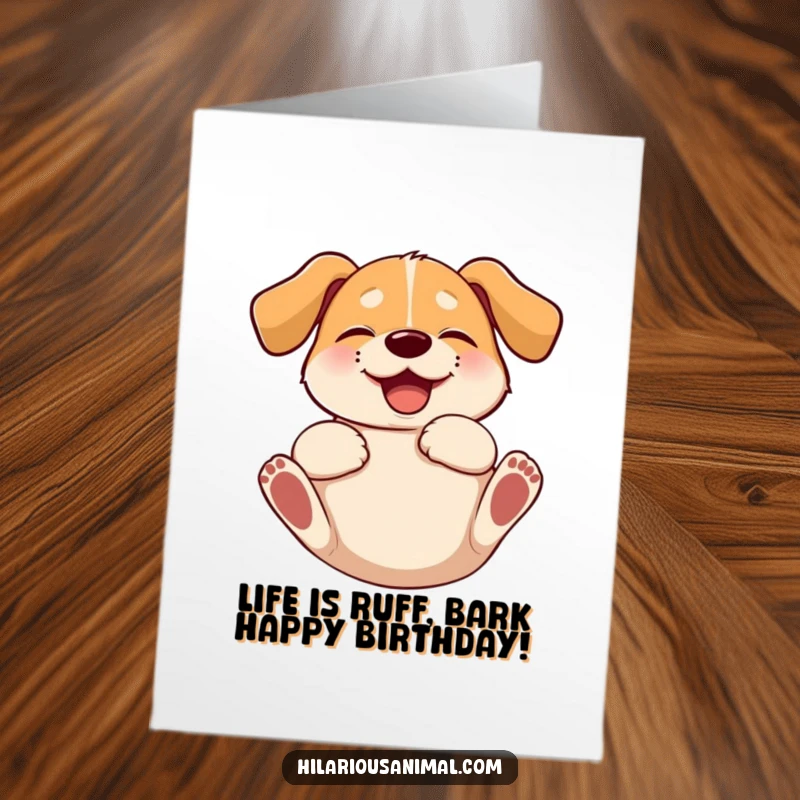 Funny Free Printable Birthday Card featuring a giggling dog with floppy ears rolling on its back with pure joy and laughter.