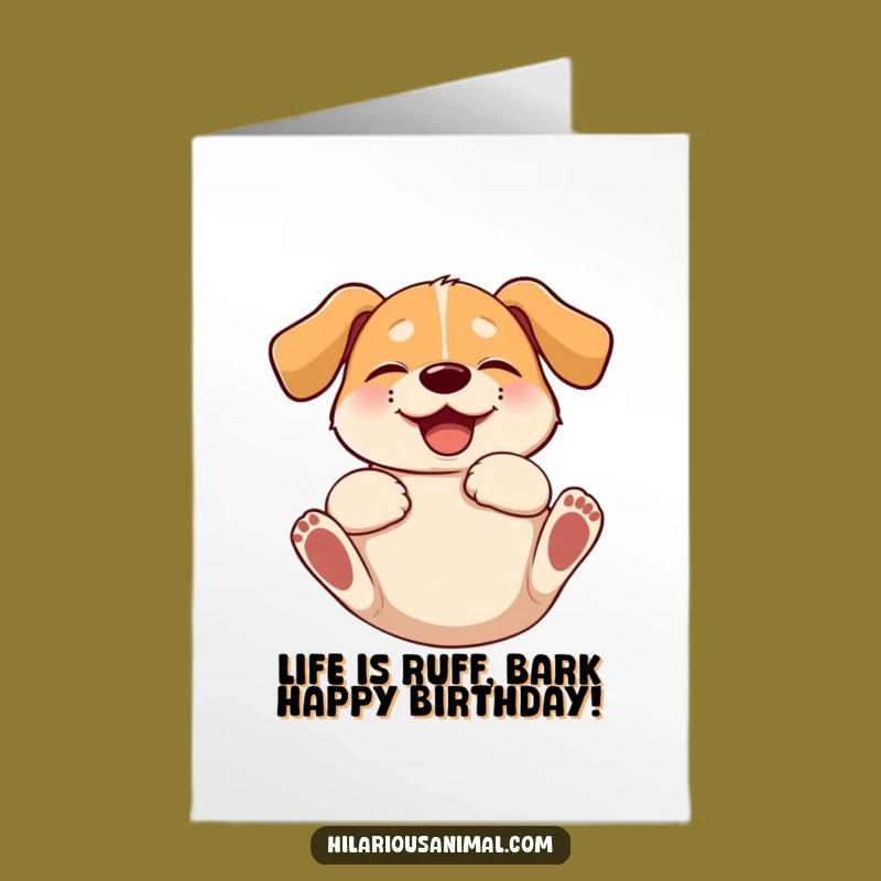 Free Printable Giggling Dog Birthday Card - Hilarious Doggo Rolling with Mirth Downloadable Gift