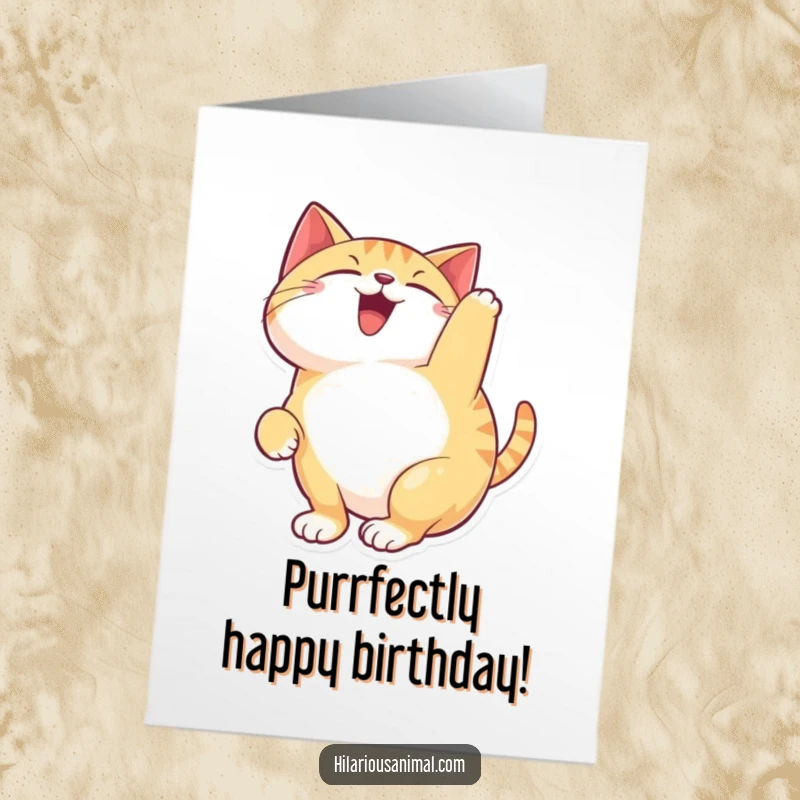 Funny Free Printable Birthday Card featuring a happy cat arching its back and chattering with sheer delight and excitement.