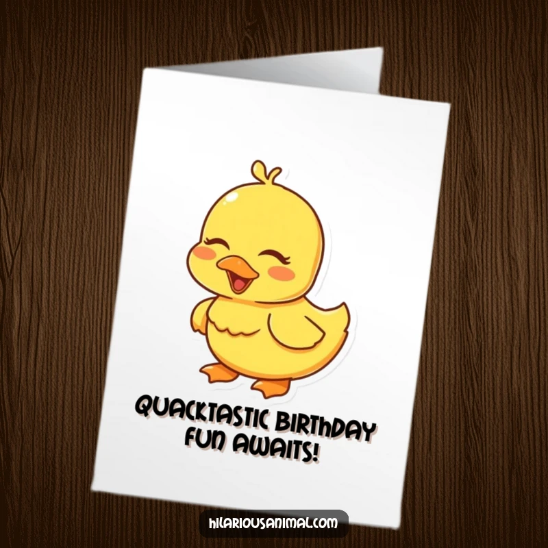 Funny Free Printable Birthday Card featuring a cheerful yellow duckling giggling with pure delight, a sweet and humorous gift.