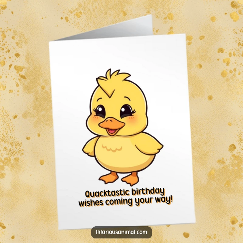 Funny Free Printable Birthday Card: Wobbly duckling character quacking with pure amusement and joy, ready to celebrate.