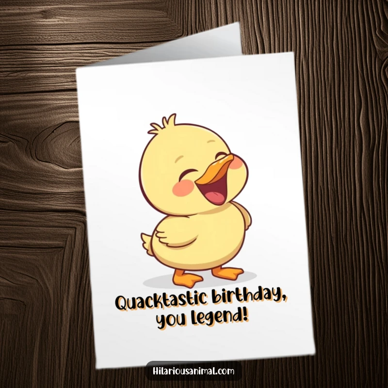 Funny Free Printable Birthday Card: A cheerful duckling with head back, emitting a hearty laugh, perfect for a downloadable birthday wish.