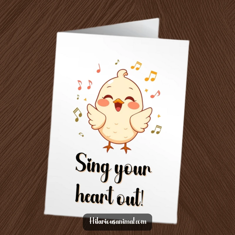 Funny Free Printable Birthday Card with a cheerful bird chirping loudly with laughter amidst musical notes.