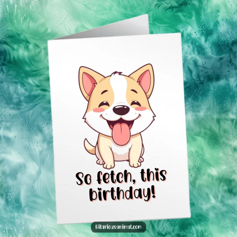 Funny Free Printable Birthday Card: A happy dog panting, tongue out, mid-chuckle, wishing a happy birthday.