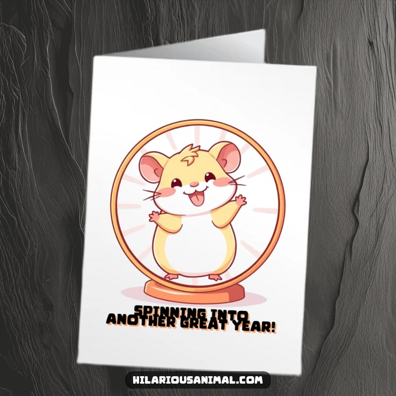 Funny Free Printable Birthday Card: A cheerful hamster is smiling widely while spinning wildly in its wheel with great enthusiasm.