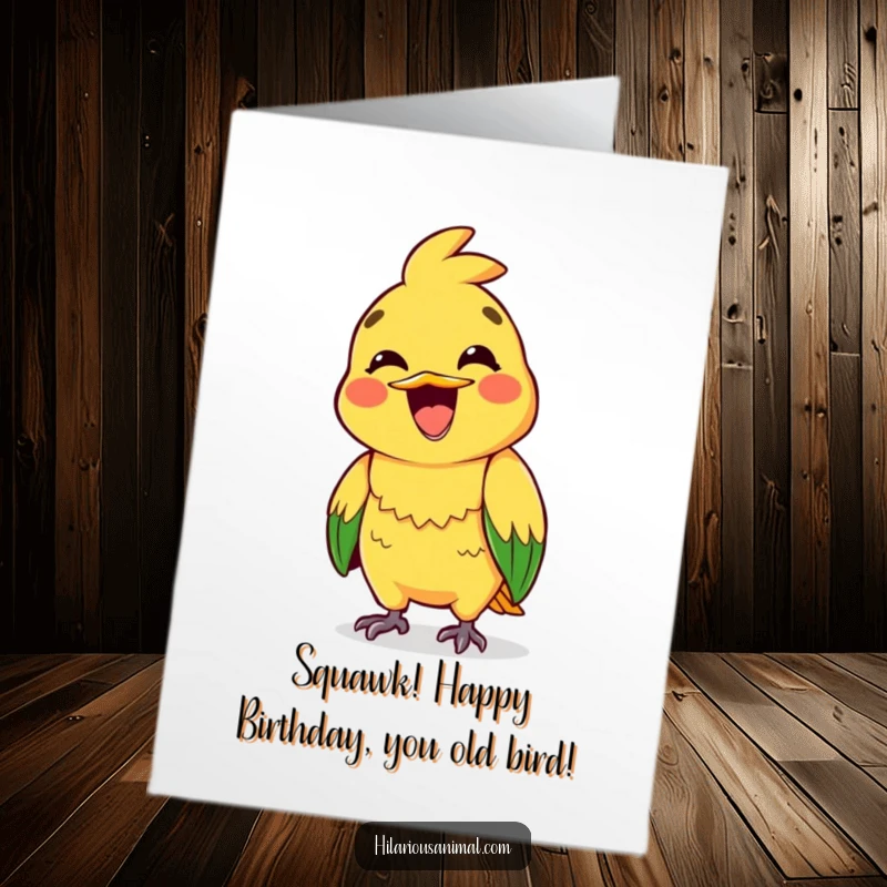 Funny Free Printable Birthday Card: Brightly colored parrot with a wide, excited grin, captured mid-squawk with birthday cheer.