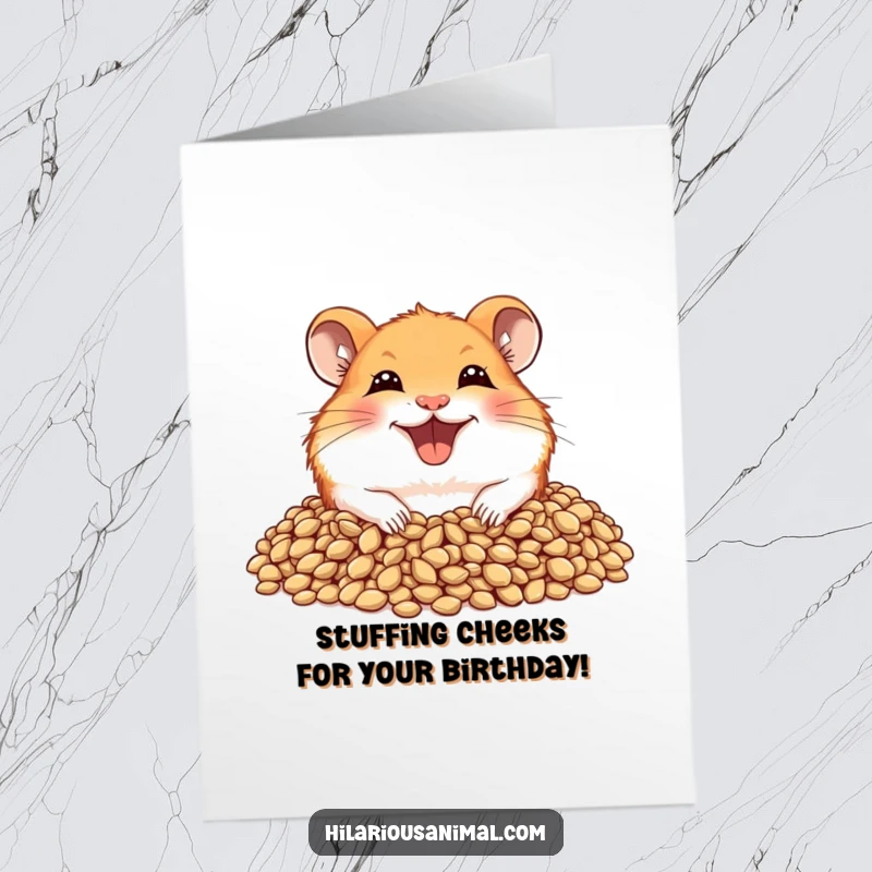Funny Free Printable Birthday Card: A joyful hamster peeks from seeds with a huge grin, celebrating a special occasion.
