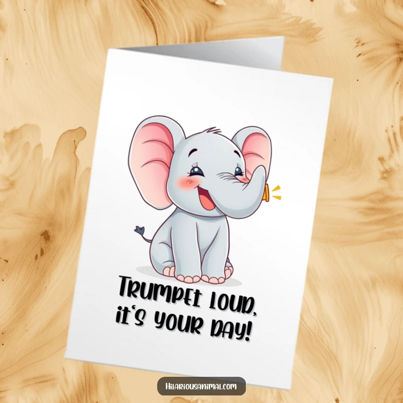 Funny Free Printable Elephant Birthday Card: Gleeful cub trumpeting loudly, ears flapping with uncontainable birthday happiness.