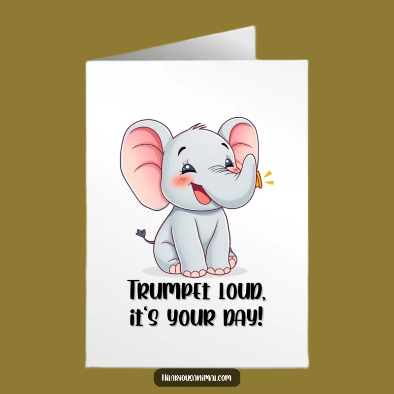 Free Printable Elephant Birthday Card: Joyful Cub Trumpets Cheers - Funny Downloadable Gift