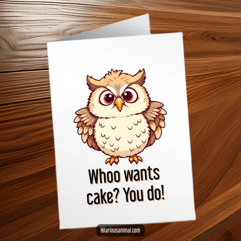 Funny Free Printable Birthday Card: A chuckling owl with ruffled feathers and wide eyes full of mirth celebrates a birthday.